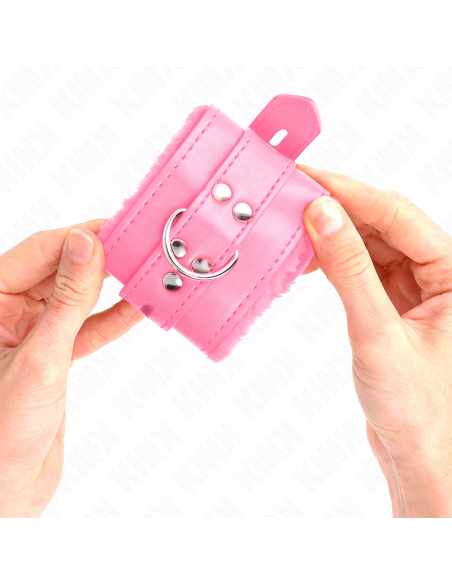 KINK - FUR LINED WRIST RESTRAINTS WITH SQUARE HOLES PINK AND PINK BELT ADJUSTABLE 17-29 CM X 6 CM