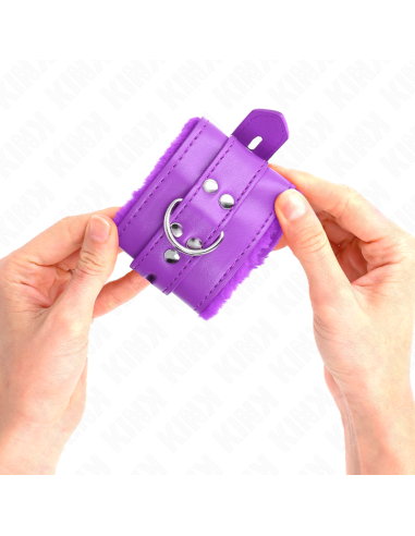 KINK - FUR LINED WRIST RESTRAINTS WITH SQUARE HOLES PURPLE AND PURPLE BELT ADJUSTABLE 17-29 CM X 6 CM