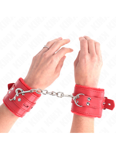 KINK - FUR LINED WRIST RESTRAINTS WITH SQUARE HOLES RED AND RED BELT ADJUSTABLE 17-29 CM X 6 CM