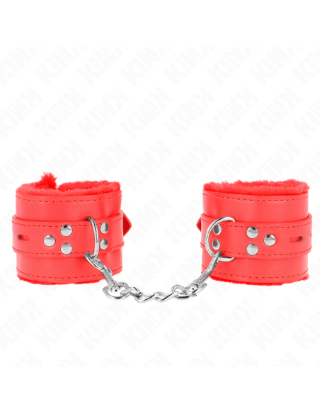 KINK - FUR LINED WRIST RESTRAINTS WITH SQUARE HOLES RED AND RED BELT ADJUSTABLE 17-29 CM X 6 CM