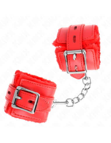 KINK - FUR LINED WRIST RESTRAINTS WITH SQUARE HOLES RED AND RED BELT ADJUSTABLE 17-29 CM X 6 CM