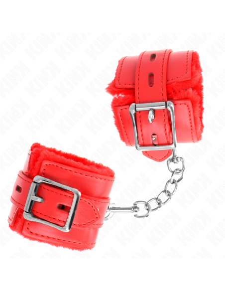 KINK - FUR LINED WRIST RESTRAINTS WITH SQUARE HOLES RED AND RED BELT ADJUSTABLE 17-29 CM X 6 CM