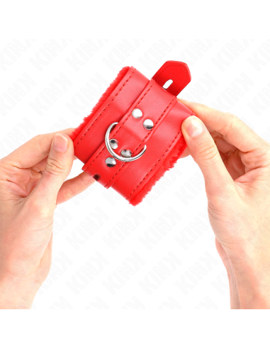 KINK - FUR LINED WRIST RESTRAINTS WITH SQUARE HOLES RED AND RED BELT ADJUSTABLE 17-29 CM X 6 CM