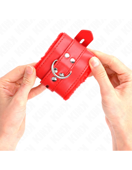 KINK - FUR LINED WRIST RESTRAINTS WITH SQUARE HOLES RED AND RED BELT ADJUSTABLE 17-29 CM X 6 CM