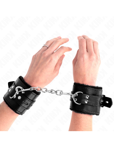 KINK - FUR LINED WRIST RESTRAINTS WITH SQUARE HOLES BLACK AND BLACK BELT ADJUSTABLE 17-29 CM X 6 CM