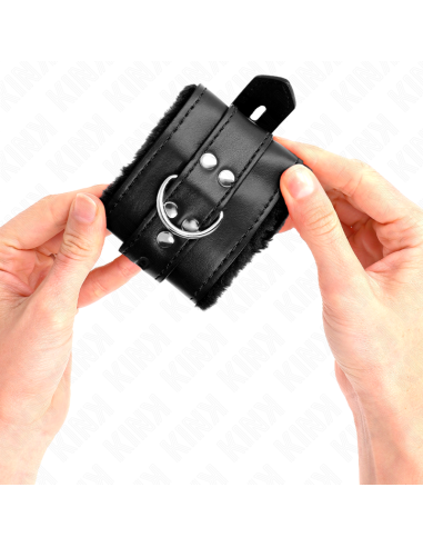 KINK - FUR LINED WRIST RESTRAINTS WITH SQUARE HOLES BLACK AND BLACK BELT ADJUSTABLE 17-29 CM X 6 CM