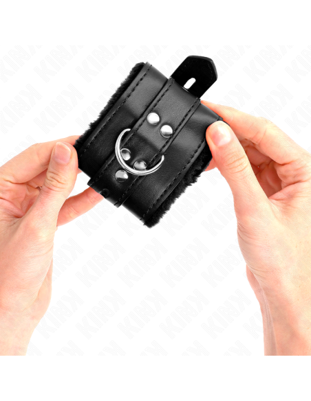 KINK - FUR LINED WRIST RESTRAINTS WITH SQUARE HOLES BLACK AND BLACK BELT ADJUSTABLE 17-29 CM X 6 CM