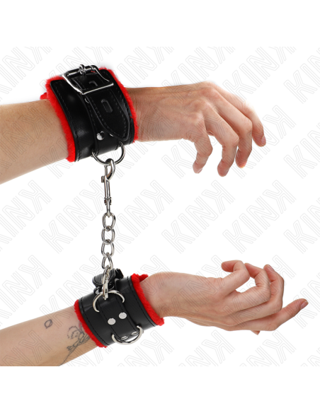 KINK - FUR LINED WRIST RESTRAINTS WITH SQUARE HOLES RED AND BLACK BELT ADJUSTABLE 17-29 CM X 6 CM