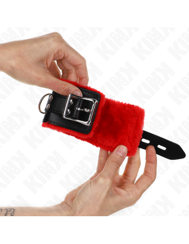 KINK - FUR LINED WRIST RESTRAINTS WITH SQUARE HOLES RED AND BLACK BELT ADJUSTABLE 17-29 CM X 6 CM