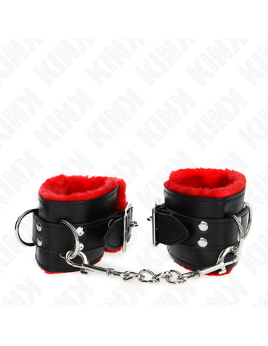 KINK - FUR LINED WRIST RESTRAINTS WITH SQUARE HOLES RED AND BLACK BELT ADJUSTABLE 17-29 CM X 6 CM