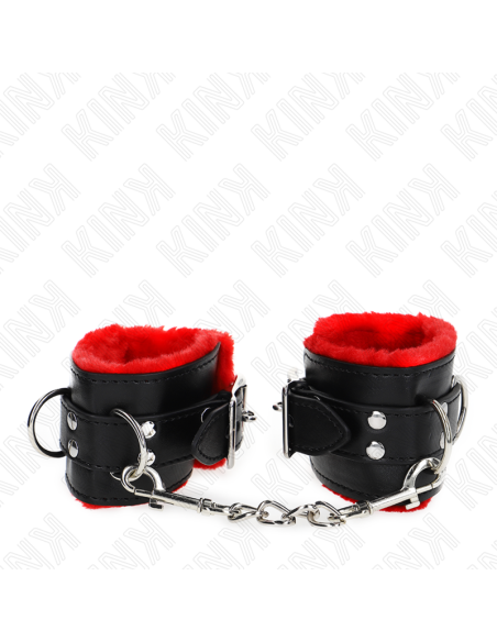 KINK - FUR LINED WRIST RESTRAINTS WITH SQUARE HOLES RED AND BLACK BELT ADJUSTABLE 17-29 CM X 6 CM