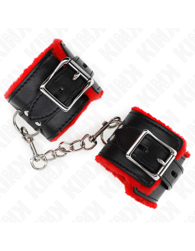 KINK - FUR LINED WRIST RESTRAINTS WITH SQUARE HOLES RED AND BLACK BELT ADJUSTABLE 17-29 CM X 6 CM