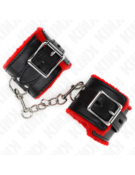 KINK - FUR LINED WRIST RESTRAINTS WITH SQUARE HOLES RED AND BLACK BELT ADJUSTABLE 17-29 CM X 6 CM