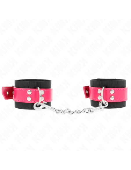 KINK - NYLON WRIST RESTRAINTS BLACK WITH LEATHERETTE BELT RASPBERRY ROSE ADJUSTABLE 19-29 CM X 5.1 CM