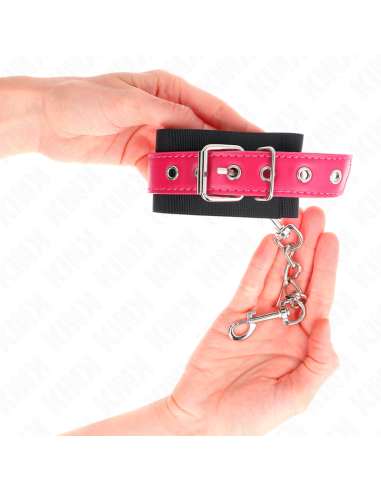 KINK - NYLON WRIST RESTRAINTS BLACK WITH LEATHERETTE BELT RASPBERRY ROSE ADJUSTABLE 19-29 CM X 5.1 CM