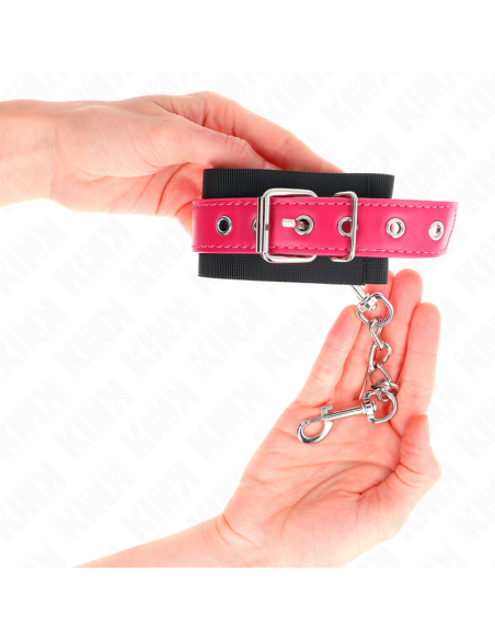 KINK - NYLON WRIST RESTRAINTS BLACK WITH LEATHERETTE BELT RASPBERRY ROSE ADJUSTABLE 19-29 CM X 5.1 CM