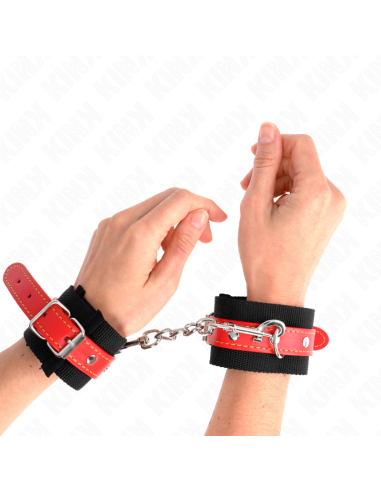 KINK - NYLON WRIST RESTRAINTS BLACK WITH LEATHERETTE RED ADJUSTABLE 19-24 CM X 5.5 CM