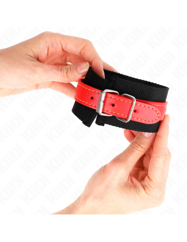 KINK - NYLON WRIST RESTRAINTS BLACK WITH LEATHERETTE RED ADJUSTABLE 19-24 CM X 5.5 CM