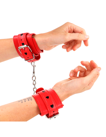 KINK - RED WRIST RESTRAINTS WITH BLACK HEART INLAY ADJUSTABLE 21-28 CM X 5.5 CM