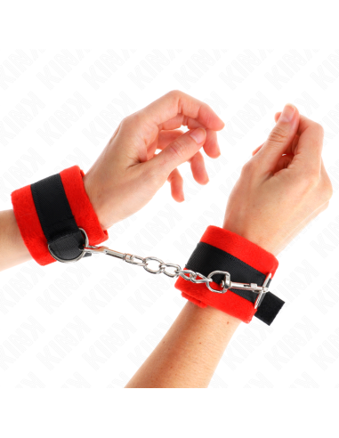 KINK - BEGINNER FUR HAND CUFFS BLACK-RED 30 X 7 CM