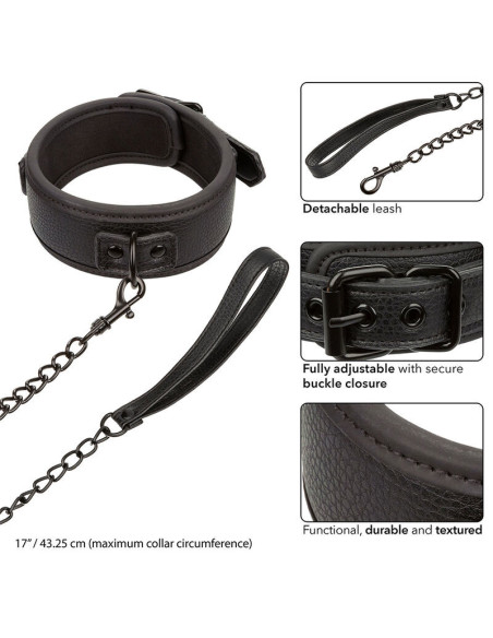 CALEXOTICS - NOCTURNAL COLLAR and LEASH LEATHER ADJUSTABLE BLACK