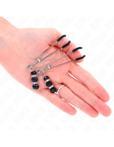 KINK - GOLD THIN NIPPLE CLAMPS WITH 3 BLACK GLASS BEADS 7 CM