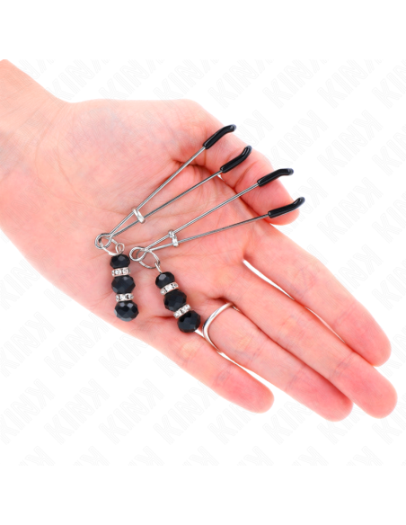KINK - GOLD THIN NIPPLE CLAMPS WITH 3 BLACK GLASS BEADS 7 CM