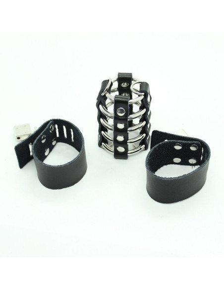 OHMAMA FETISH - PENIS CAGE WITH METAL RINGS AND LEATHER STRAPS