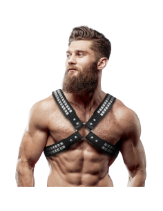 FETISH SUBMISSIVE ATTITUDE - MENS CROSSED CHEST ECO-LEATHER HARNESS WITH RIVETS