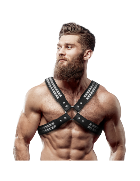 FETISH SUBMISSIVE ATTITUDE - MENS CROSSED CHEST ECO-LEATHER HARNESS WITH RIVETS