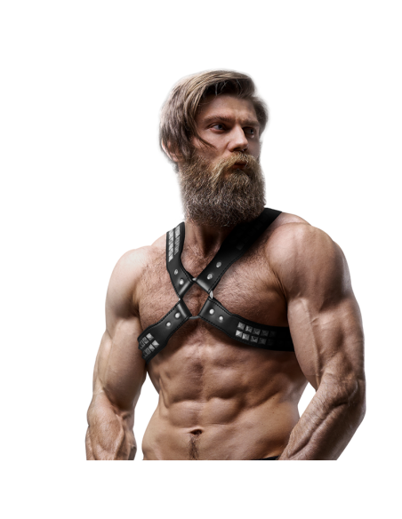 FETISH SUBMISSIVE ATTITUDE - MENS CROSSED CHEST ECO-LEATHER HARNESS WITH RIVETS
