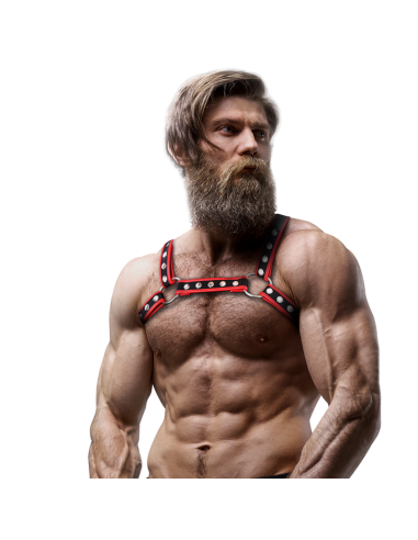 FETISH SUBMISSIVE ATTITUDE - MENS ECO-LEATHER CHEST BULLDOG HARNESS BLACK-RED