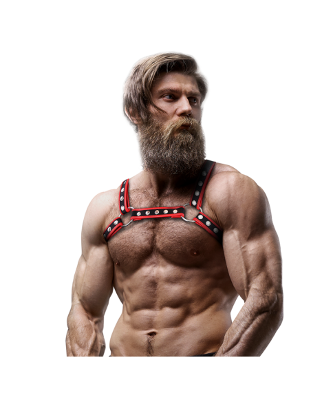 FETISH SUBMISSIVE ATTITUDE - MENS ECO-LEATHER CHEST BULLDOG HARNESS BLACK-RED
