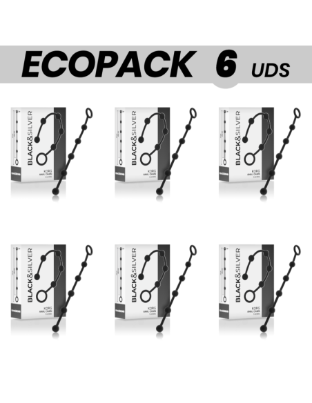ECOPACK 6 UNITS - BLACKandSILVER KORG SILICONE ANAL CHAIN 21 CM
