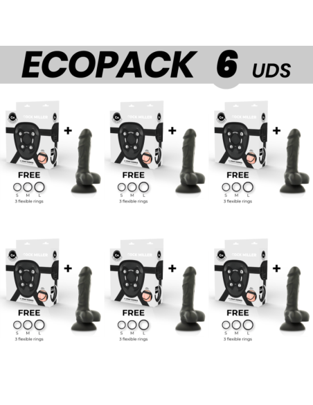 ECOPACK 6 UNITS - COCK MILLER HARNESS DILDO SILICONE DENSITY ARTICULABLE BLACK COCKSIL 13 CM