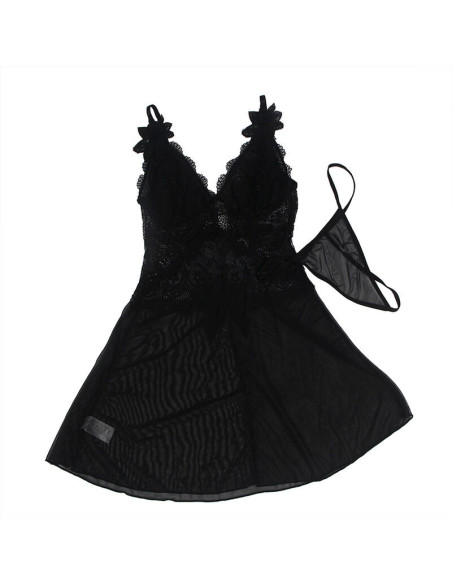 SUBBLIME - BABYDOLL TULLE FABRIC WITH LACE AND FLOWER DETAIL BLACK S-M