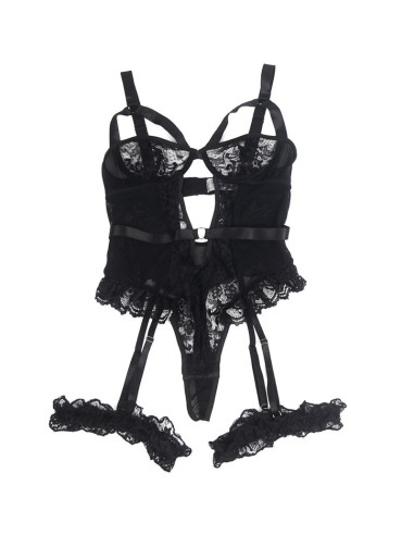 SUBBLIME - TEDDY WITH GARTER WITH LACE DETAIL AND STRIPS BLACK S-M