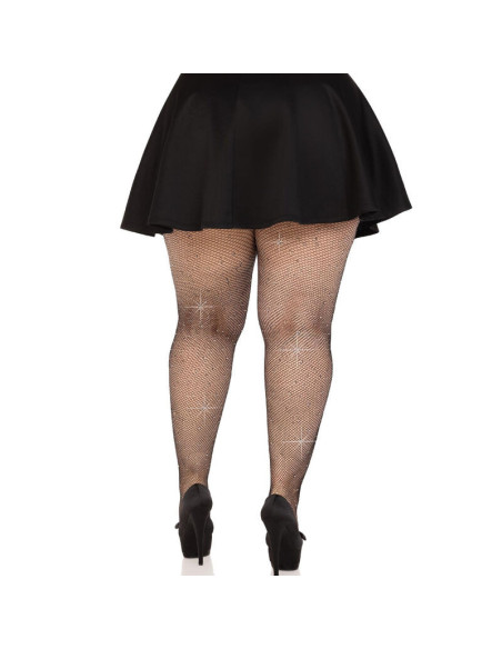 LEG AVENUE - CRYSTALIZED MESH STOCKINGS BLACK PLUS SIZE