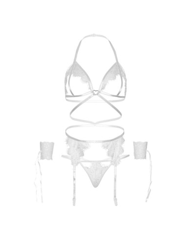 LEG AVENUE - FOUR PIECES SET BRA, G-STRING, GARTER BELT and WRIST CUFFS ONE SIZE - WHITE