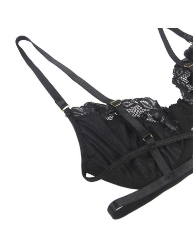 SUBBLIME - SET OF 3 PIECES BRA THONG LACE GARTER BLACK S-M