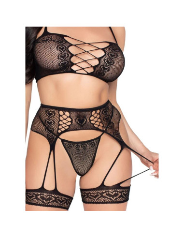 LEG AVENUE - 89359 TOP THONG GARTER BELT SET BLACK - ONE SIZE