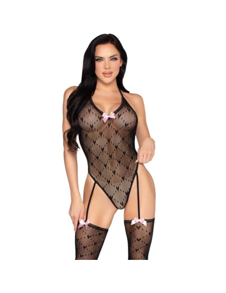 LEG AVENUE - 89360 OPEN BACK BODYSUIT WITH GARTER BELT BLACK- ONE SIZE
