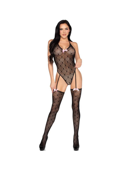 LEG AVENUE - 89360 OPEN BACK BODYSUIT WITH GARTER BELT BLACK- ONE SIZE