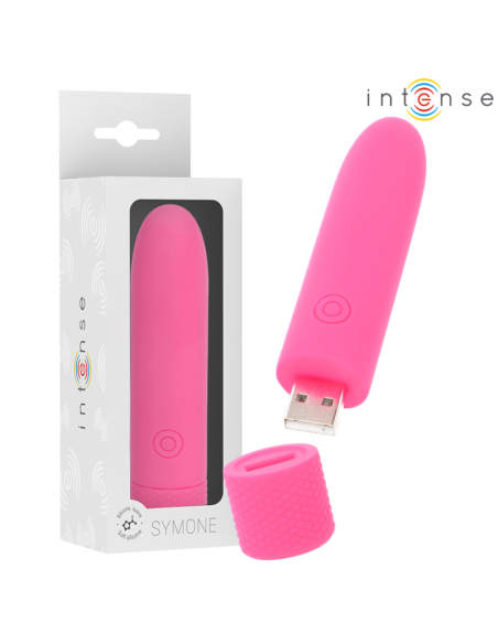 INTENSE - SYMONE USB ĮKRAUNAMAS VIBRUOJAMAS ŽIEDAS 8 VIBRACIJOS ROŽINIS 10 X 2,2 CM