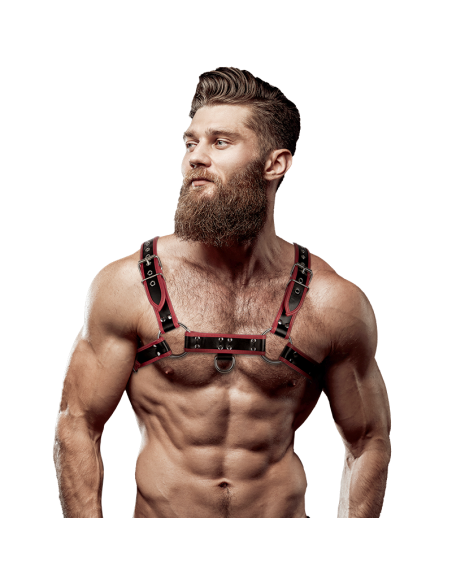 FETISH SUBMISSIVE ATTITUDE - MENS ECO-LEATHER CHEST HARNESS BLACK-RED