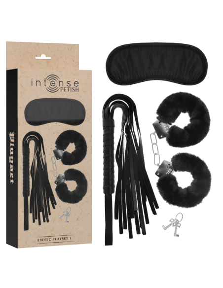 INTENSE - FETISH EROTIC PLAYSET 1 WITH HANDCUFFS, BLIND MASK AND FLOGGER