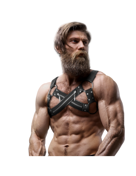 FETISH SUBMISSIVE ATTITUDE – REGULIUOJAMAS VYRAMS SKRYŽIAMAS NEOPRENINIS KRŪTINĖS BULDOGO PETIRŠAS SU UŽTRAUKTUKAIS