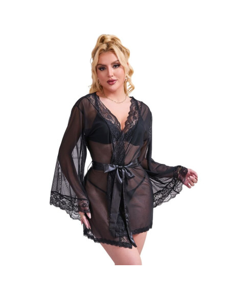 SUBBLIME - TRANSPARENT FABRIC ROBE WITH LACE DETAIL BLACK S-M