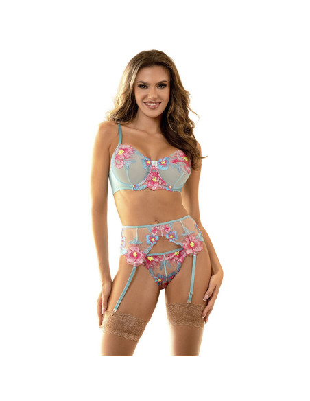SUBBLIME - 957643 FLOWER EMBROIDERED BRA AND GARTER BELT SET PINK S-M