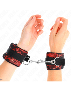KINK - SHORT VELVET LACE WRIST RESTRAINTS AND NYLON BIND RED - BLACK 23 X 6.5 CM